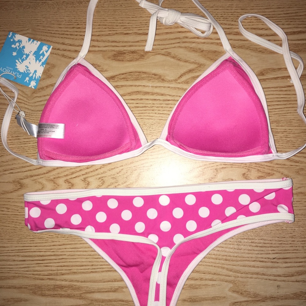 New 2pc Sexy Vintage Playboy Polka Dot Thong Swimsuit Bikini Size Large & XL - Picture 9 of 14